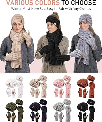 Women\'s Winter Beanie Hat Scarf Gloves Headband Set Warm Elastic Gift Womens Winter Beanie Hat Scarf Gloves Headband Set, Slouchy  main image 3